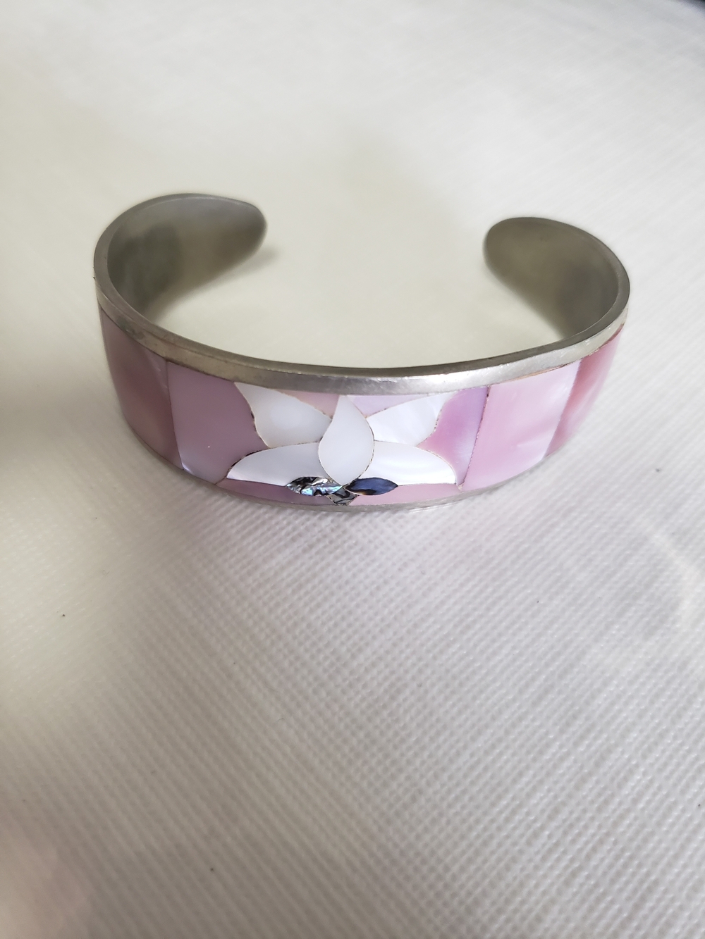 Pink Inlay Flower Cuff Bracelet - Women's Jewelry